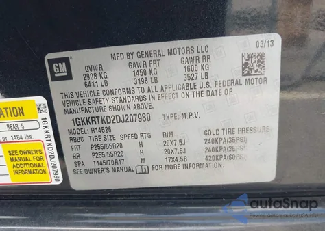 2013 GMC Acadia Denali z USA, uszkodzony, nr VIN 1GKKRTKD2DJ207980